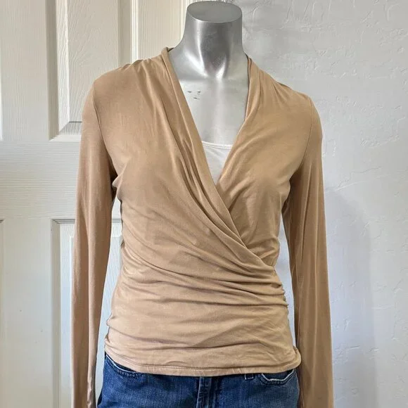 Light Tan Long Sleeve Faux Wrap Top - Picture 1 of 4